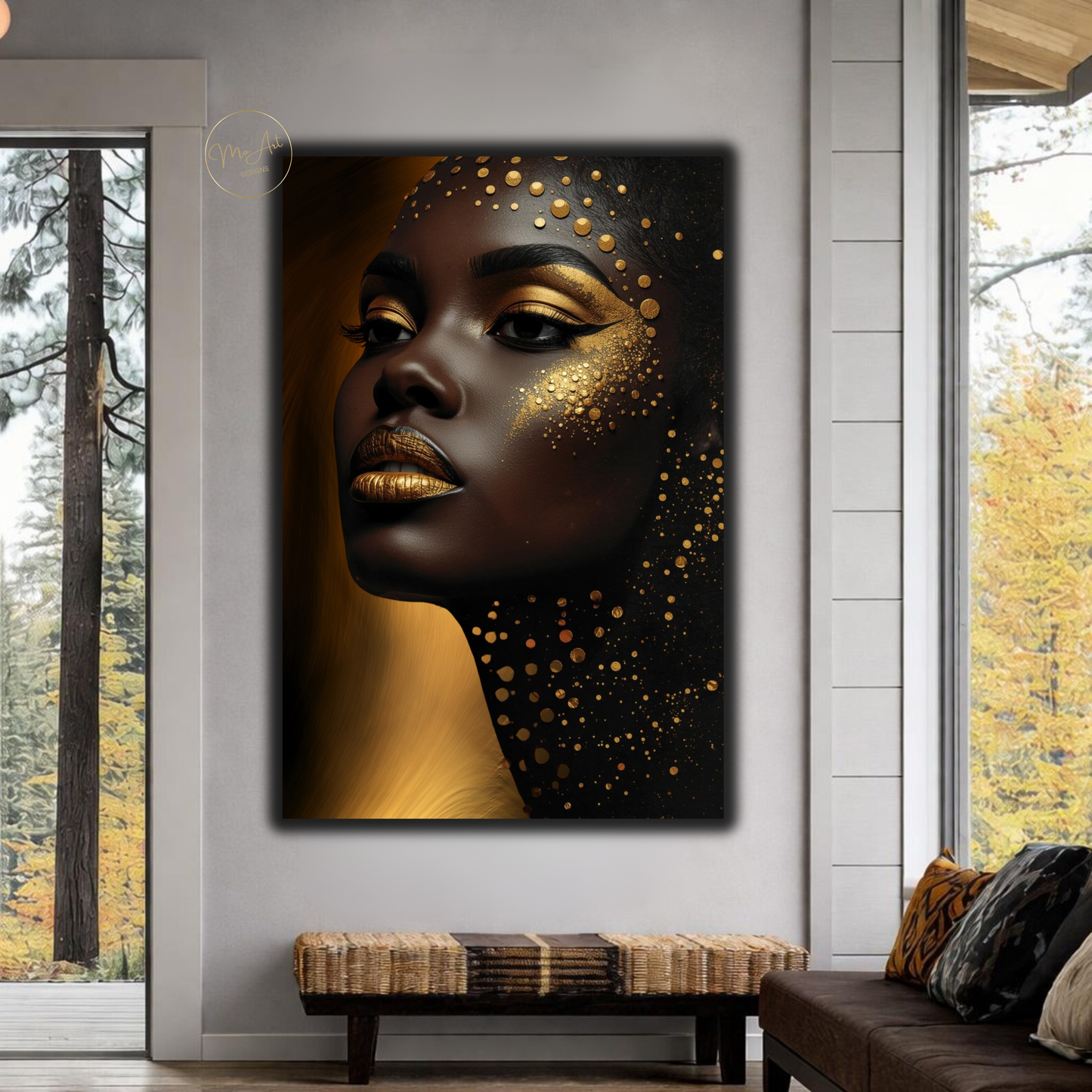 Golden Glow Black Woman Wall Art – Afrocentric Luxury Canvas Print