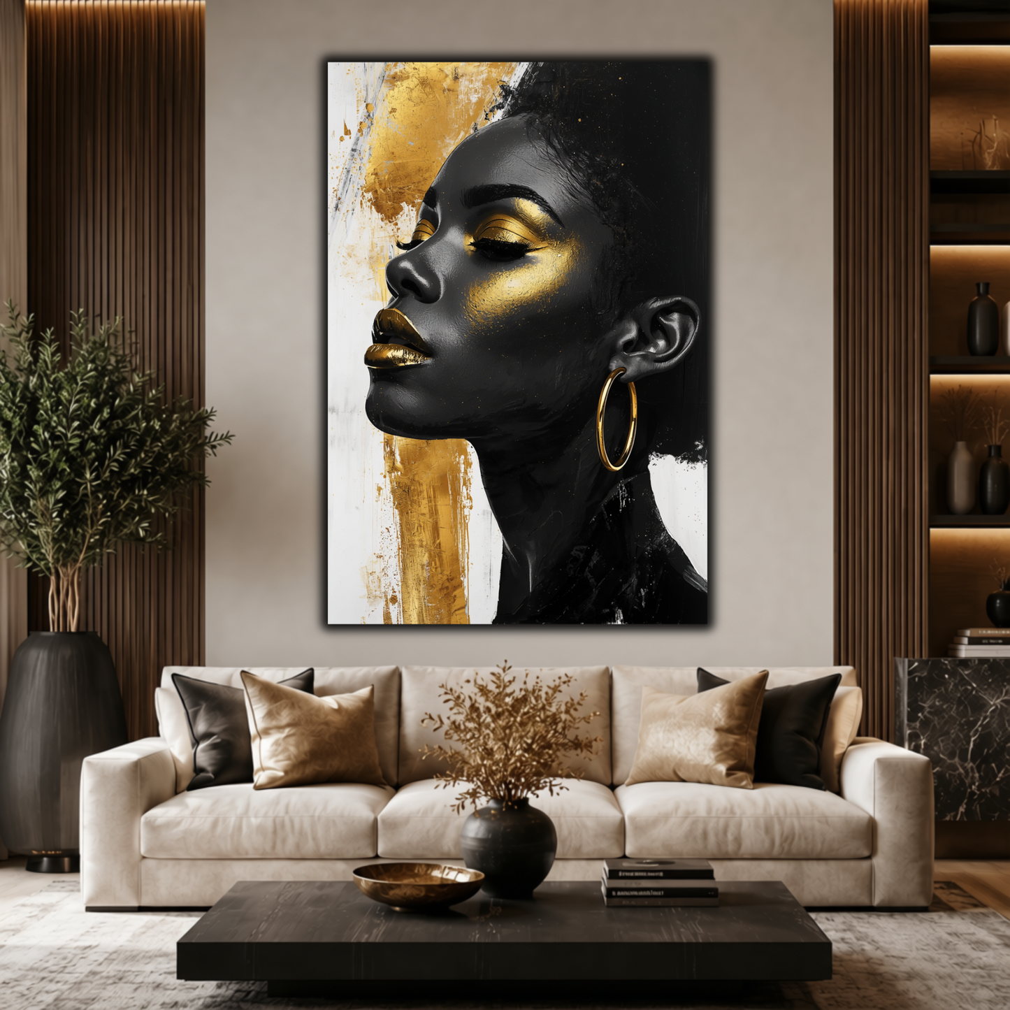 Black Woman Wall Art – Afrocentric Beauty in Black, Gold & White Canvas Print | Modern Luxury Home Decor