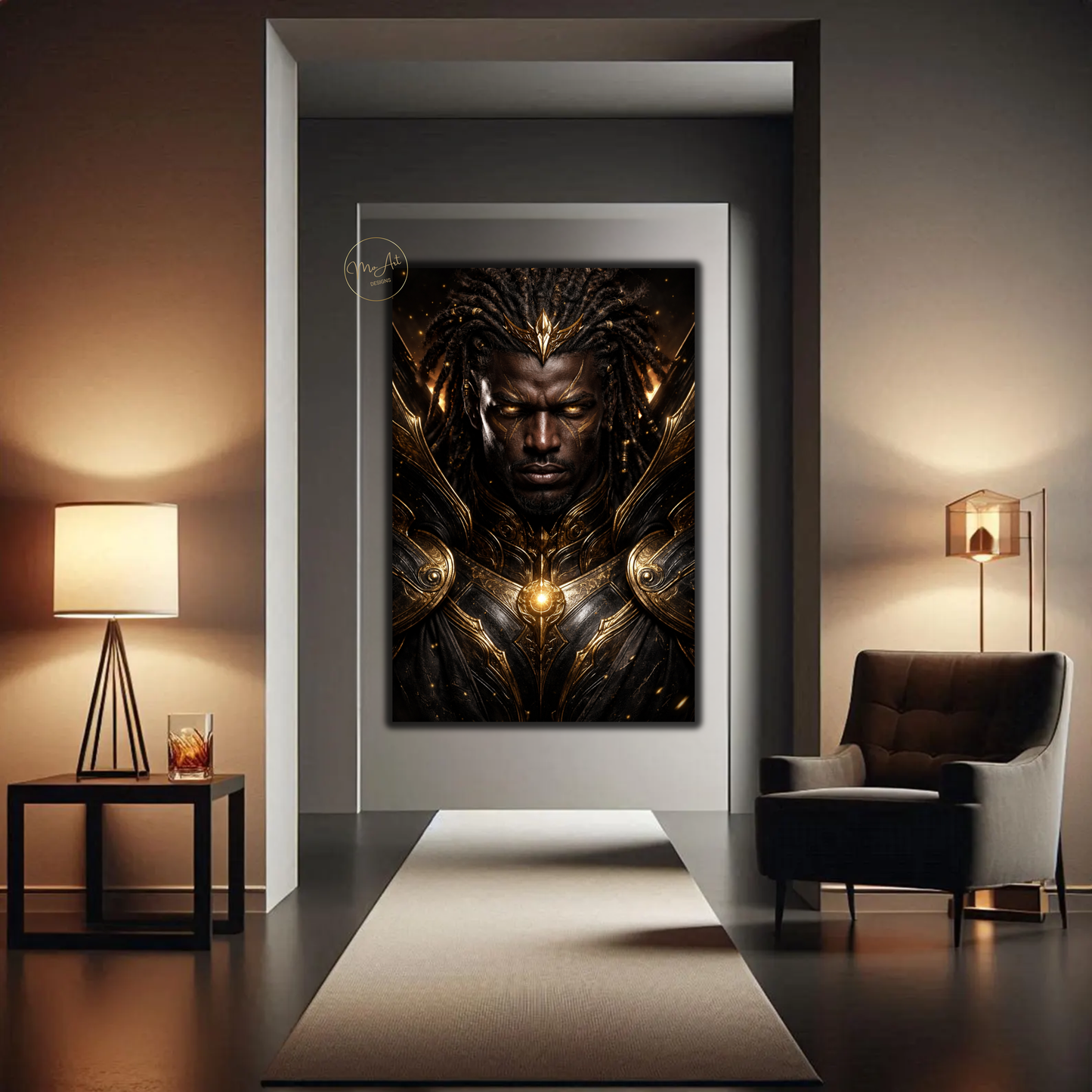 Black Warrior Wall Art – Powerful Afrocentric King in Black & Gold Armor Canvas Print