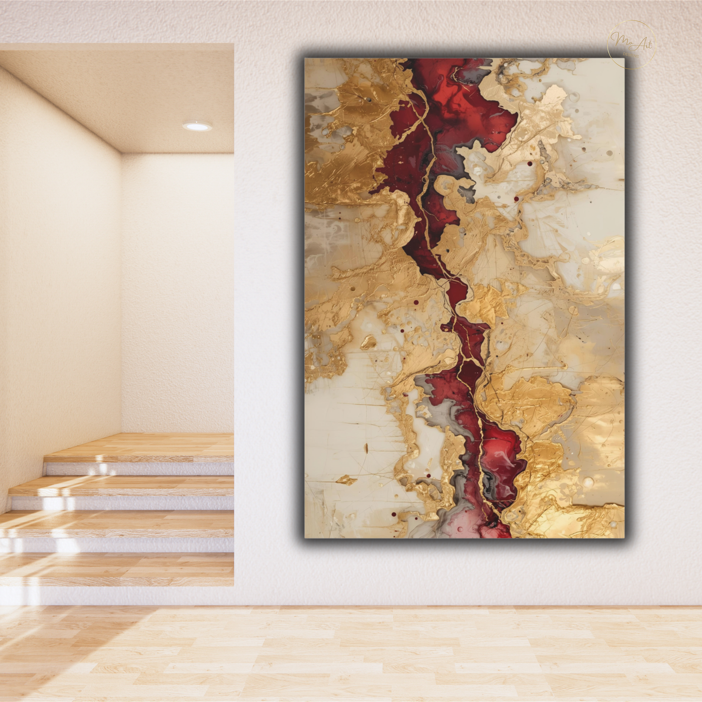 Crimson Rift – Abstract Gold Burgundy & Cream Wall Art - Vertical Canvas Print