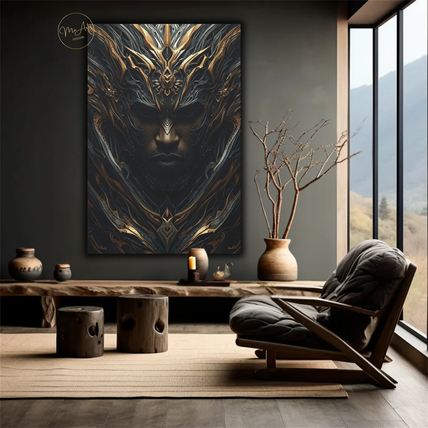 Black Warrior Abstract Art – Divine Sentinel | Black & Gold Afrocentric Wall Art / Canvas Print