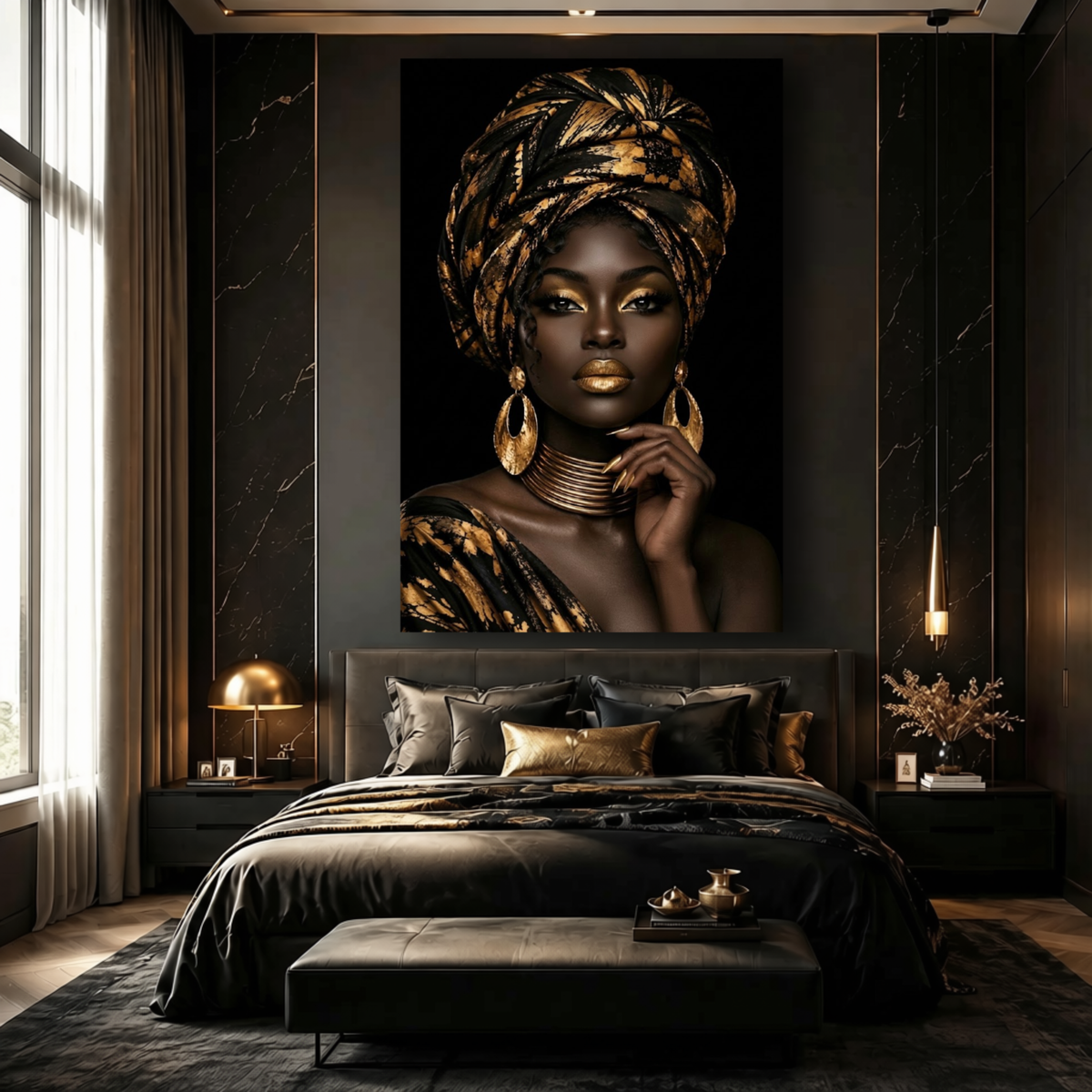 Black Woman Wall Art – Regal Essence | Black & Gold Afrocentric Canvas Print