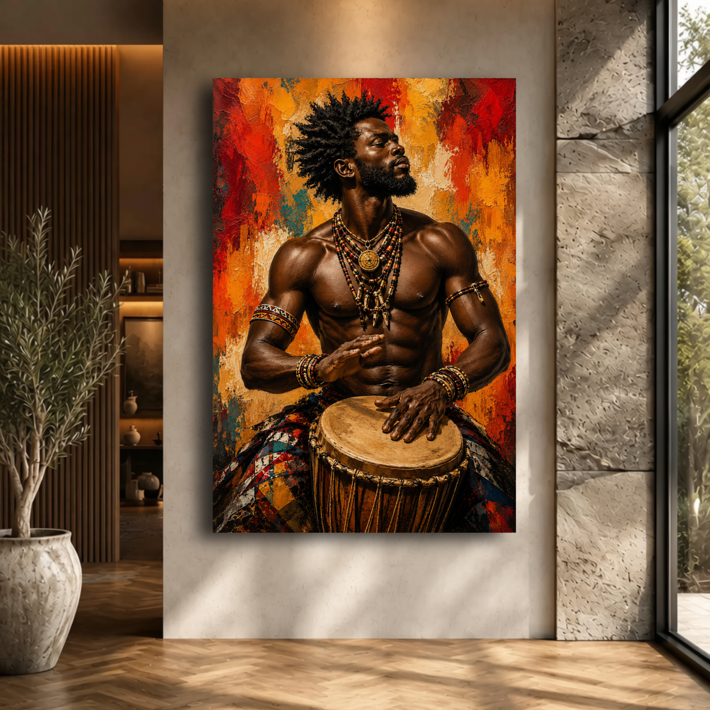 African Man Wall Art – Tribal Drummer Canvas Print | Afrocentric Abstract Drum Art