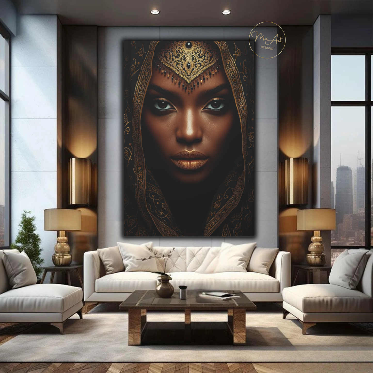 Black Woman Wall Art – African Goddess Queen | Black & Gold Luxury Canvas Print
