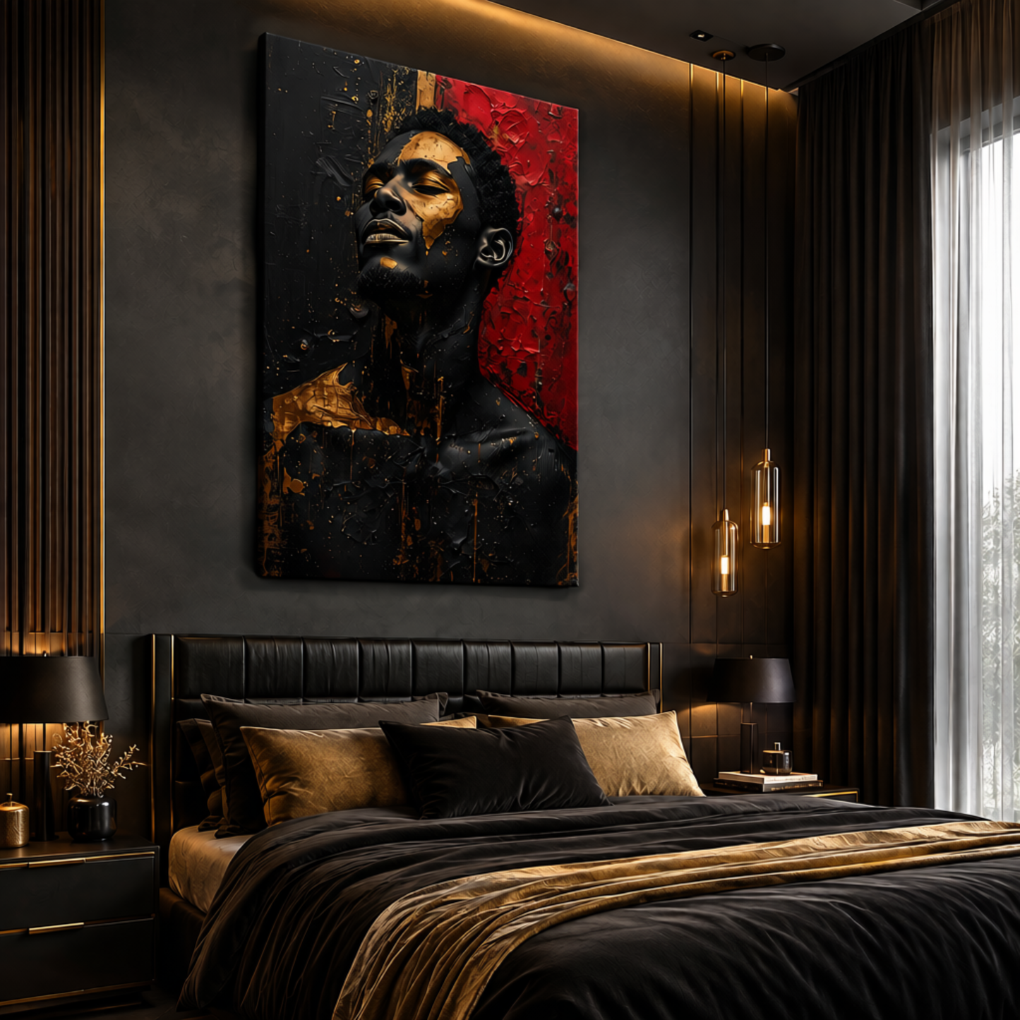 Black Man Wall Art - Afrocentric Abstract Canvas Print in Black, Gold & Red