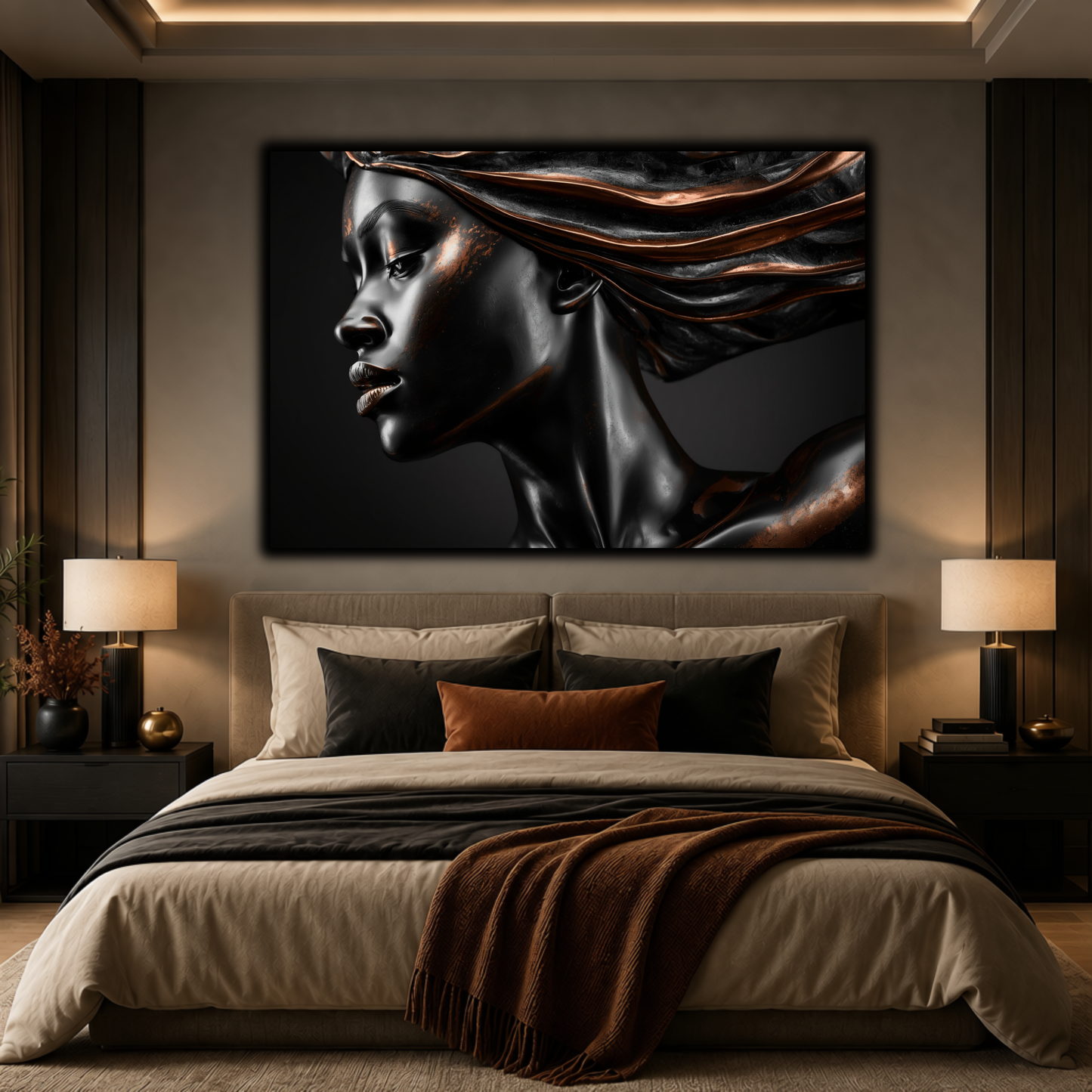 Black Woman Wall Art – Afrocentric Black & Copper Abstract Canvas Print | Modern Luxury Decor