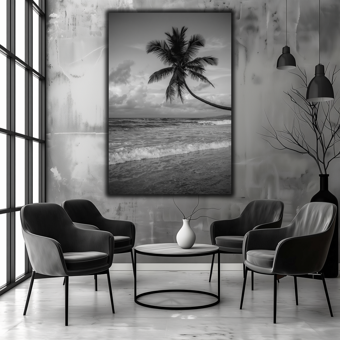 Black & White Tropical Palm Tree Wall Art – Ocean Beach Canvas Print, Coastal Home Decor, Minimalist Photography