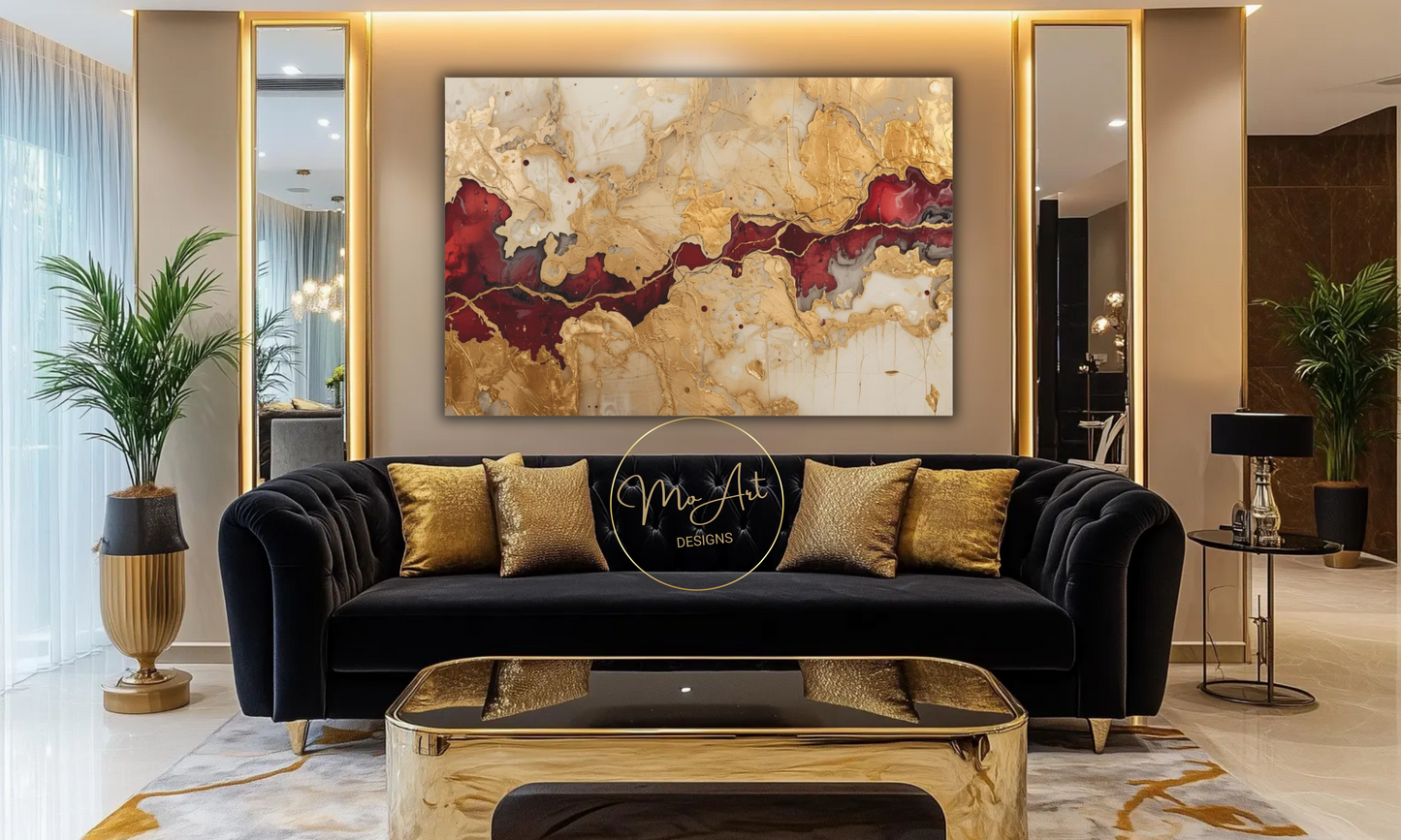 "Crimson Rift" – Abstract Gold, Burgundy & Cream Wall Art