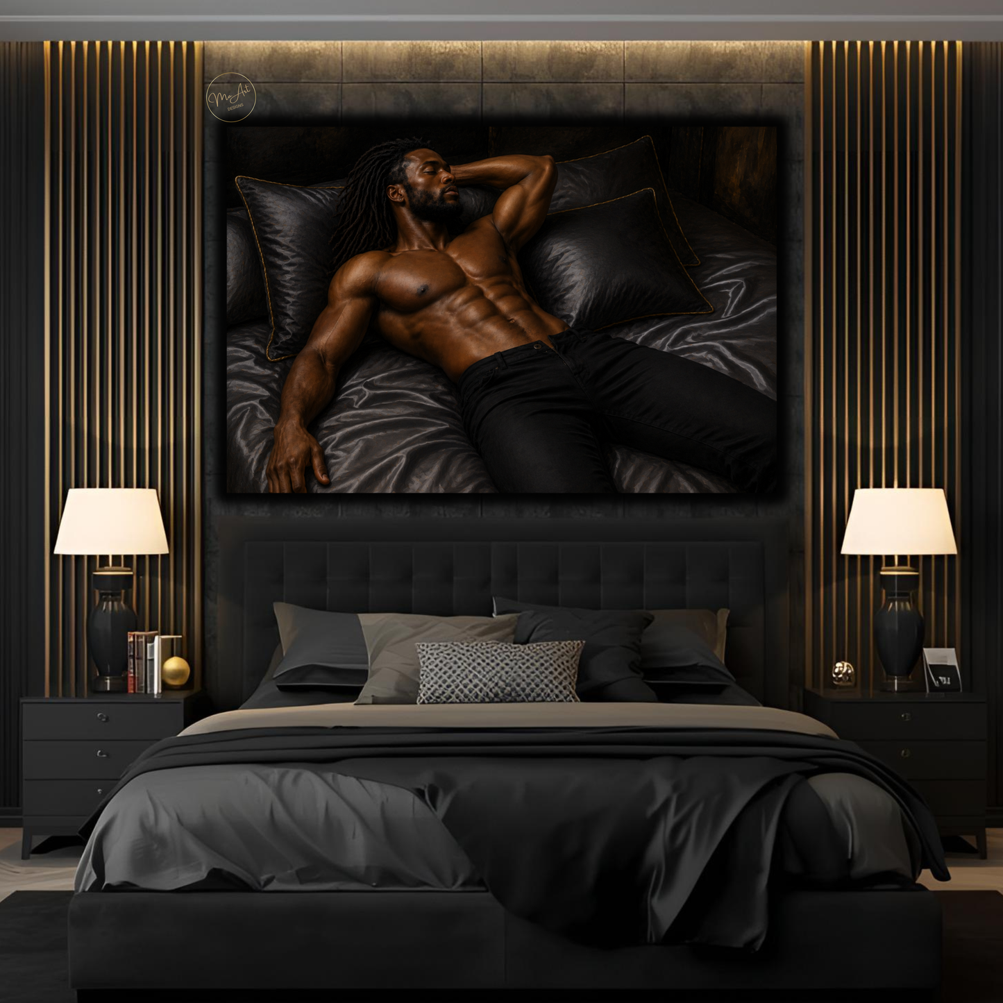 Black Man Wall Art – Sensual Black & Gold Masculine Canvas Print | Modern Luxury Bedroom Decor