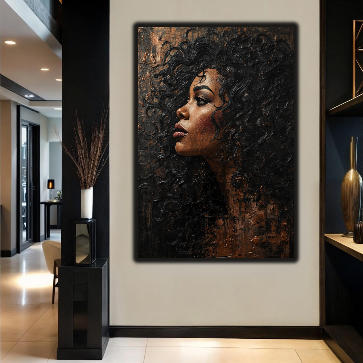 Black Woman Wall Art – Afrocentric Abstract Portrait Canvas Print | Black & Copper Wall Art