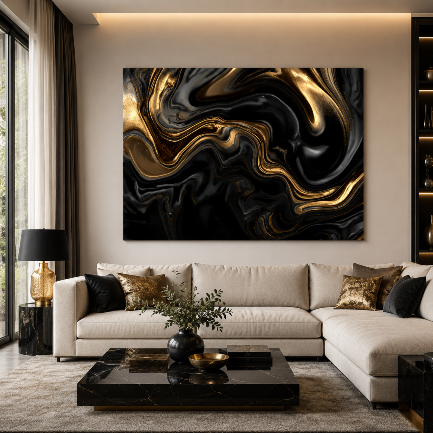 Black & Gold Abstract Wall Art Canvas – Luxury Liquid Marble Modern Art Print | Elegant Black Gold Home Decor