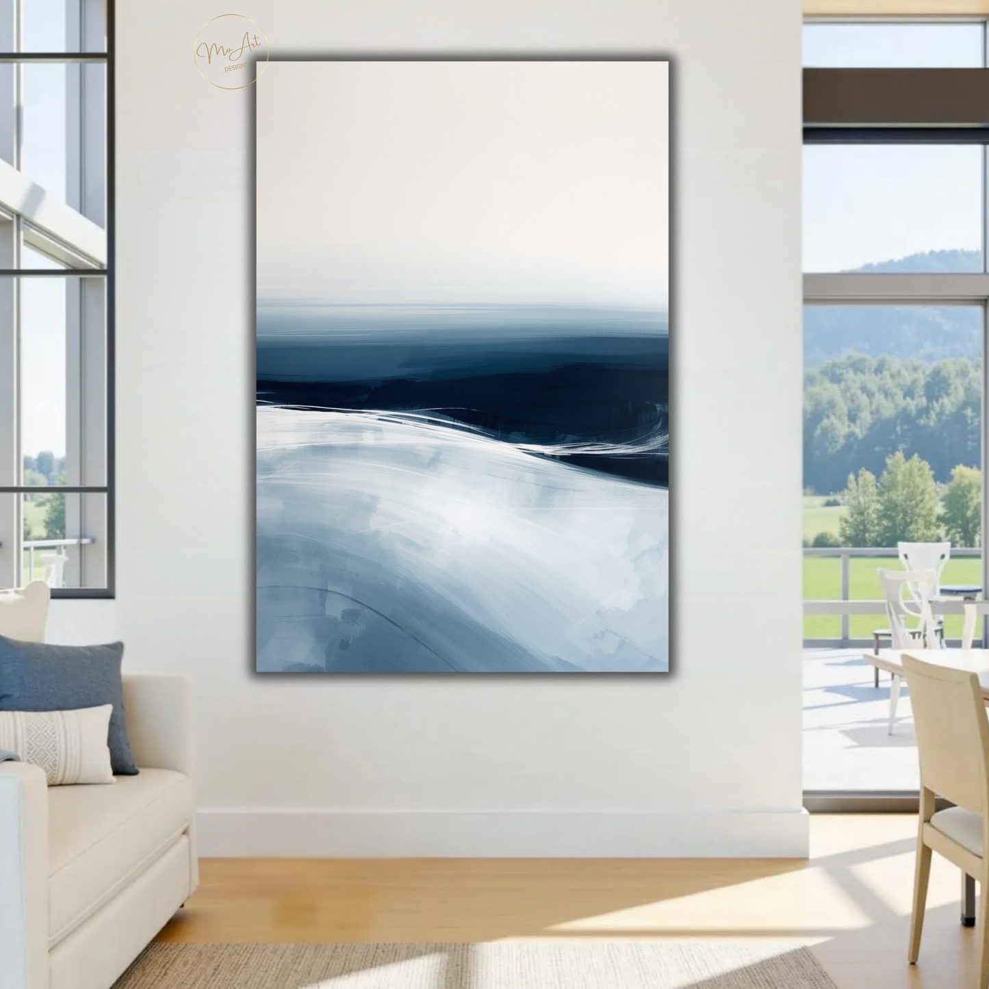 Blue Ocean Abstract Wall Art – Minimalist Coastal Canvas Print in Navy & White