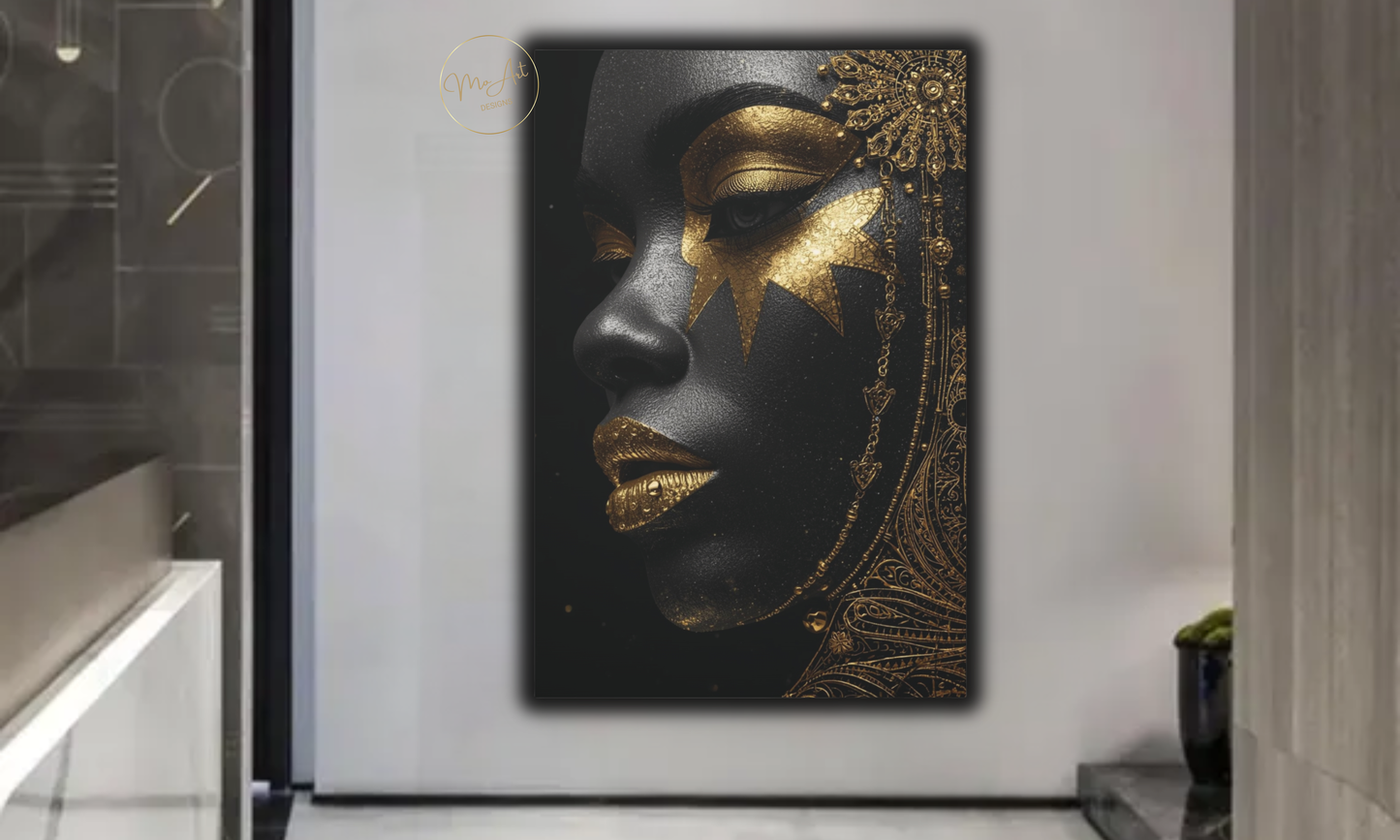 Black Woman Wall Art – Celestial Queen in Black & Gold / Canvas Print