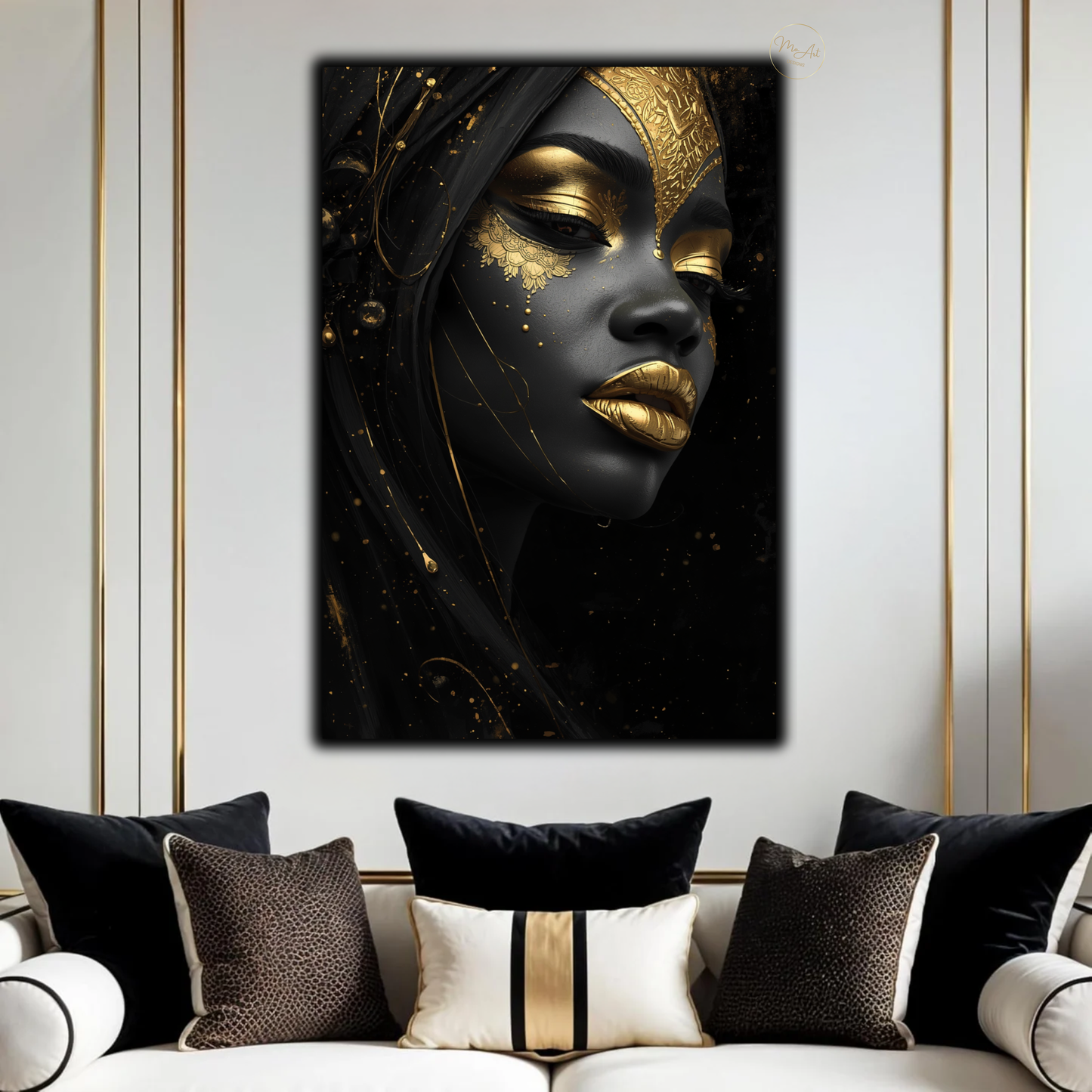 Black Woman Wall Art – Striking Gold & Black Beauty | Afrocentric Luxury Canvas Print