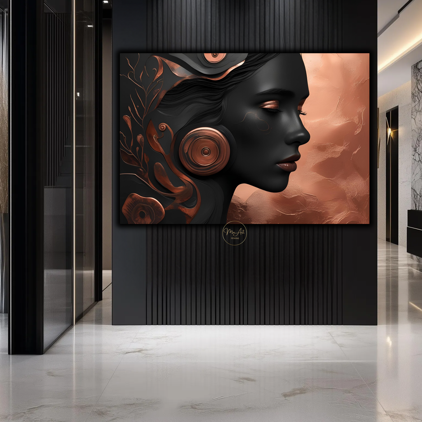 Black Woman Wall Art – Luxury Black & Copper Abstract Afrocentric Canvas Print