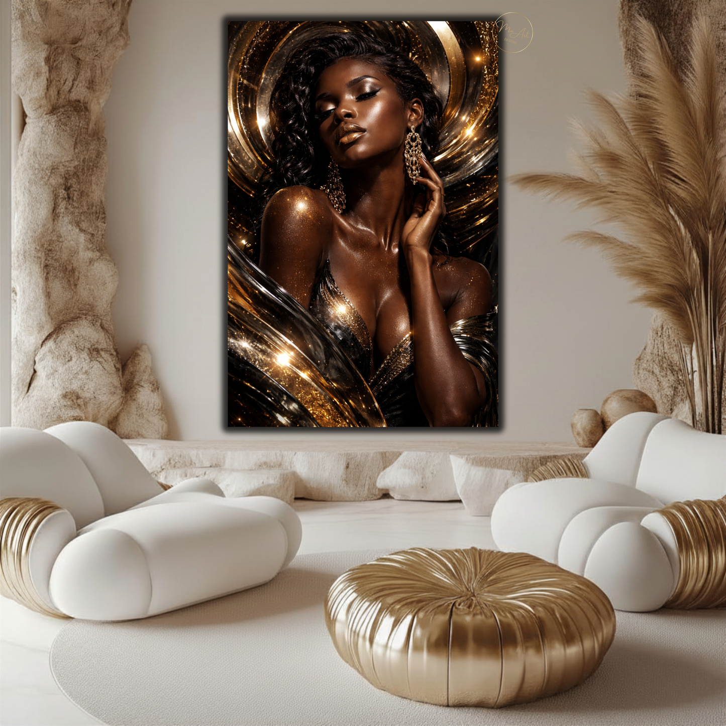 Black Woman Wall Art – Seductive Afrocentric Gold & Black Abstract Canvas Print | Elegant Luxury Home Decor