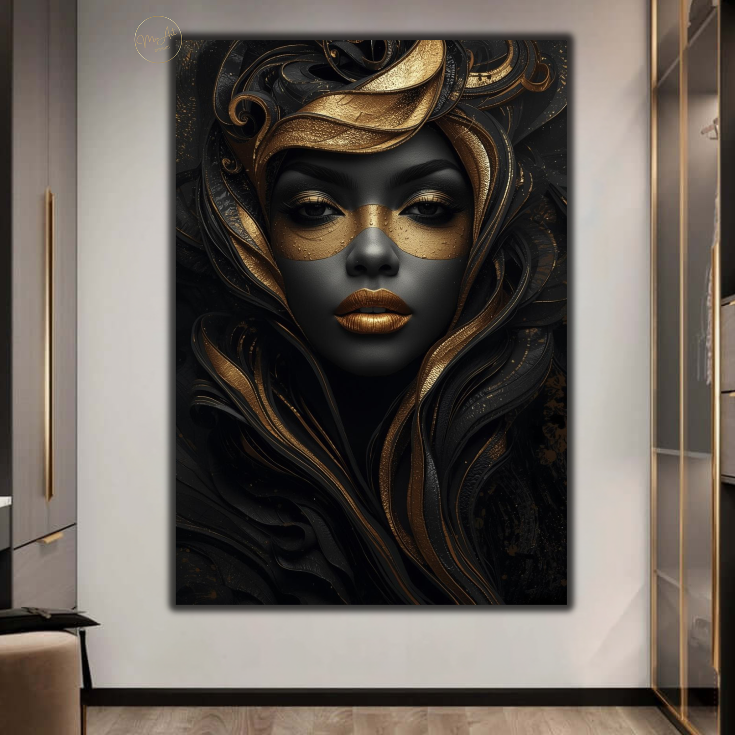 Black Woman Wall Art – Mysterious Black & Gold Afrocentric Canvas Print