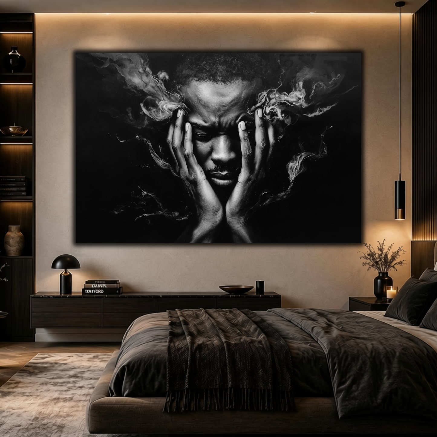 Black Man Wall Art – Abstract Emotional Portrait Canvas Print | Black & White Modern Wall Decor