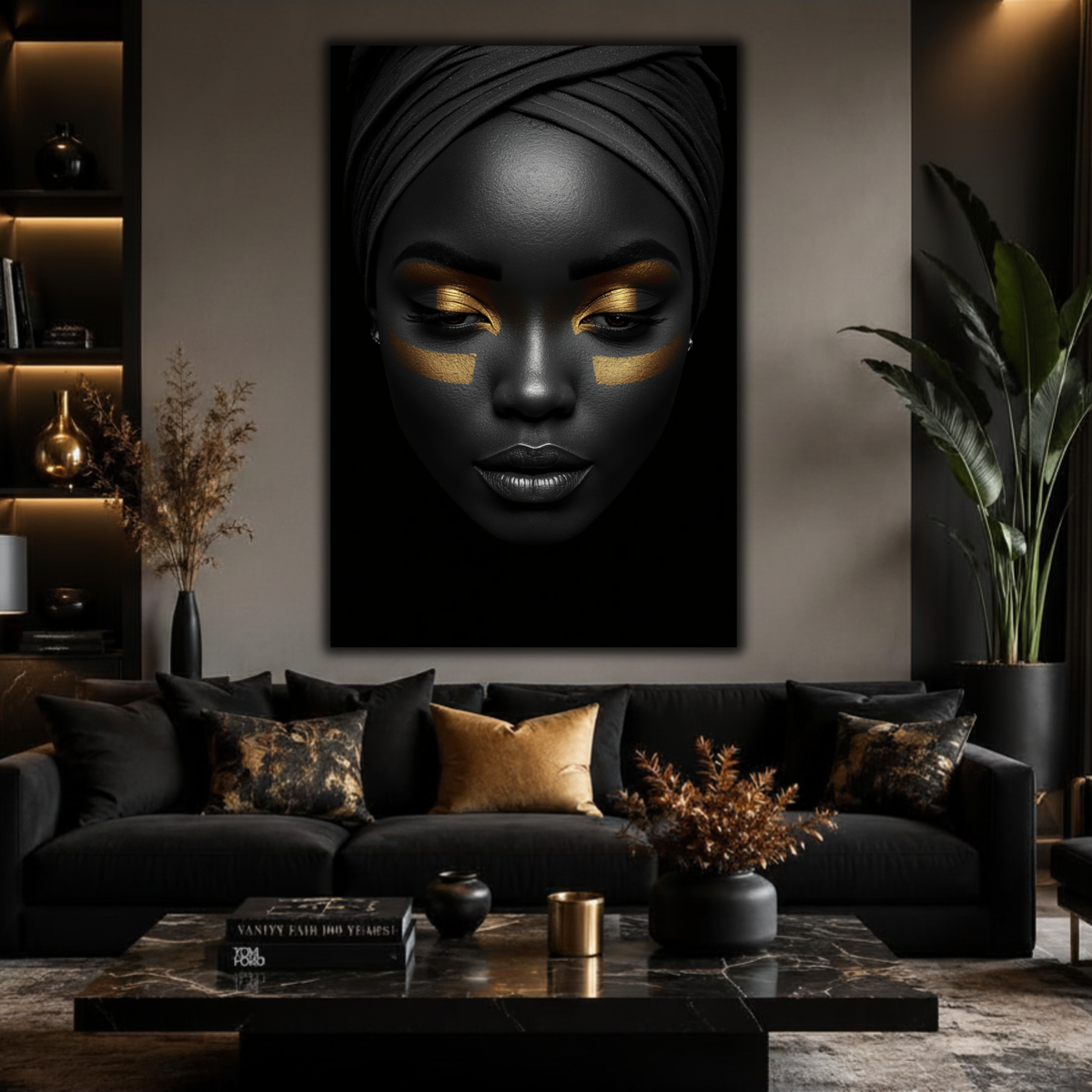Black Woman Wall Art – Gilded Essence | Black & Gold  Luxury Portrait Canvas Print