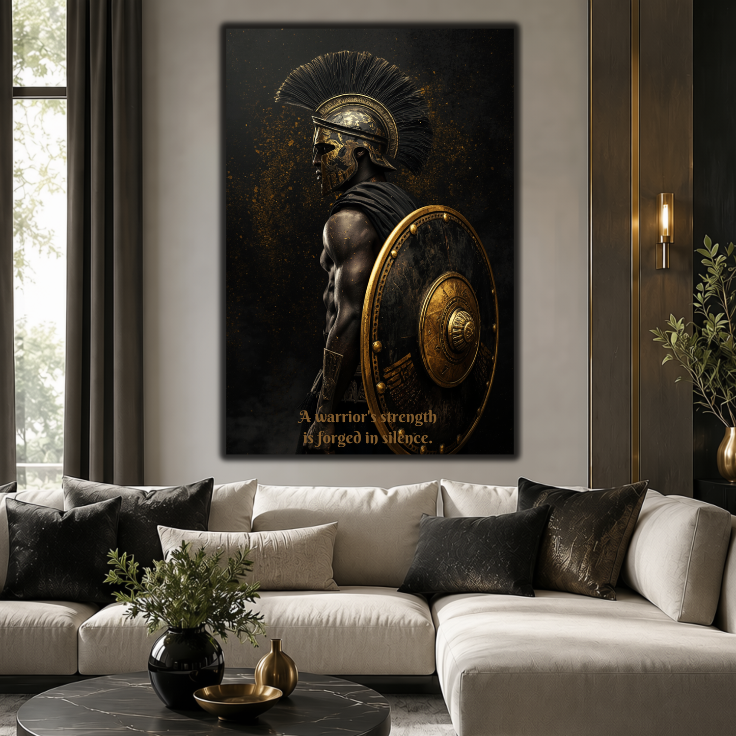 Spartan Warrior Motivational Quote Canvas Print | "Forged in Silence" Black & Gold Wall Art