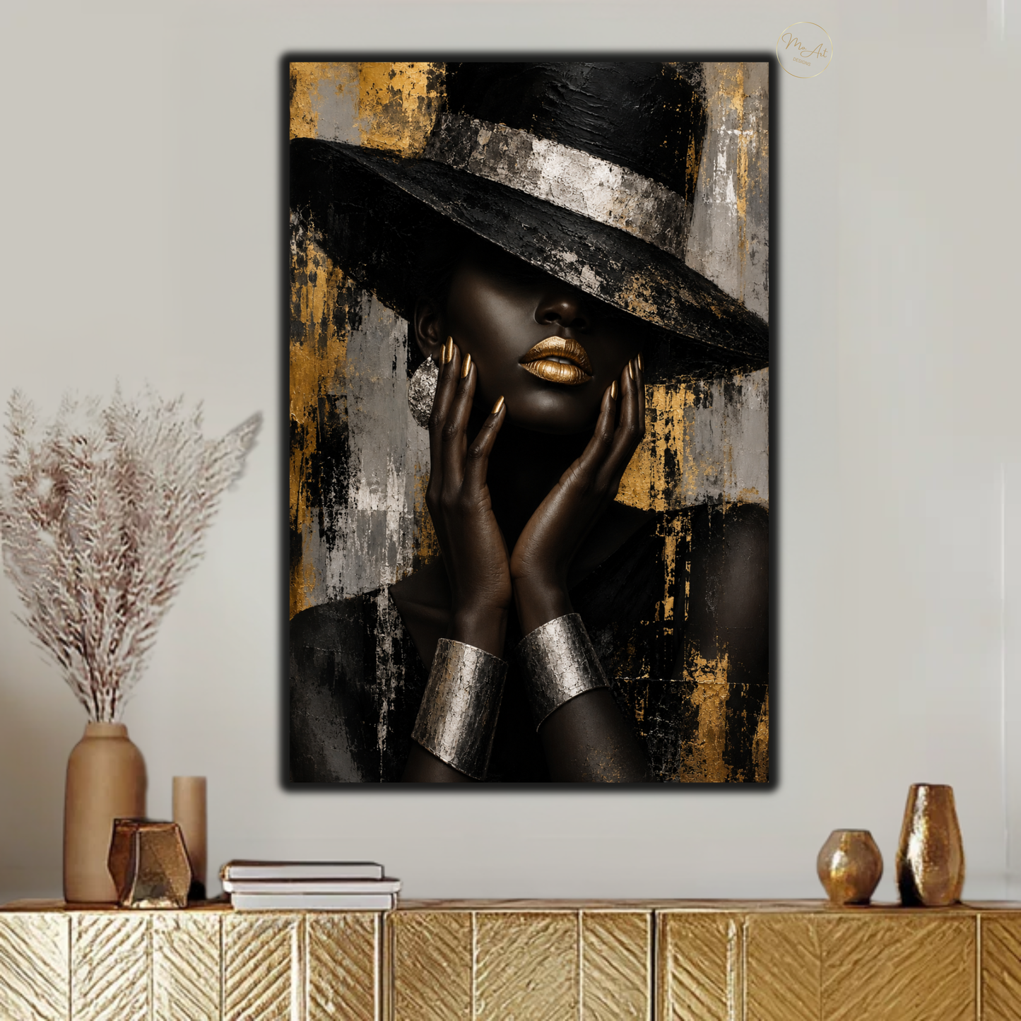 Black Woman Wall Art – Glamorous Black, Gold & Silver Abstract Canvas Print