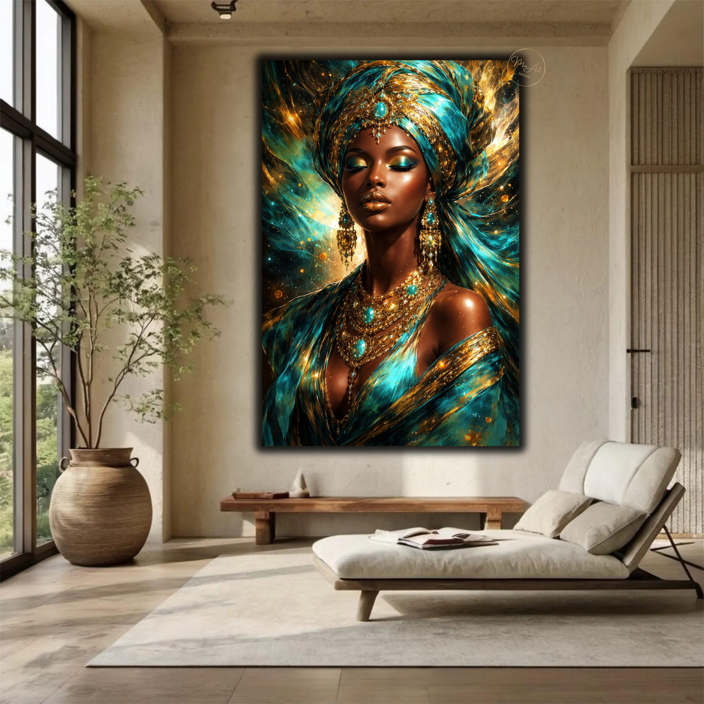 Black Woman Wall Art – Elegant Afrocentric Turquoise & Gold Abstract Canvas Print