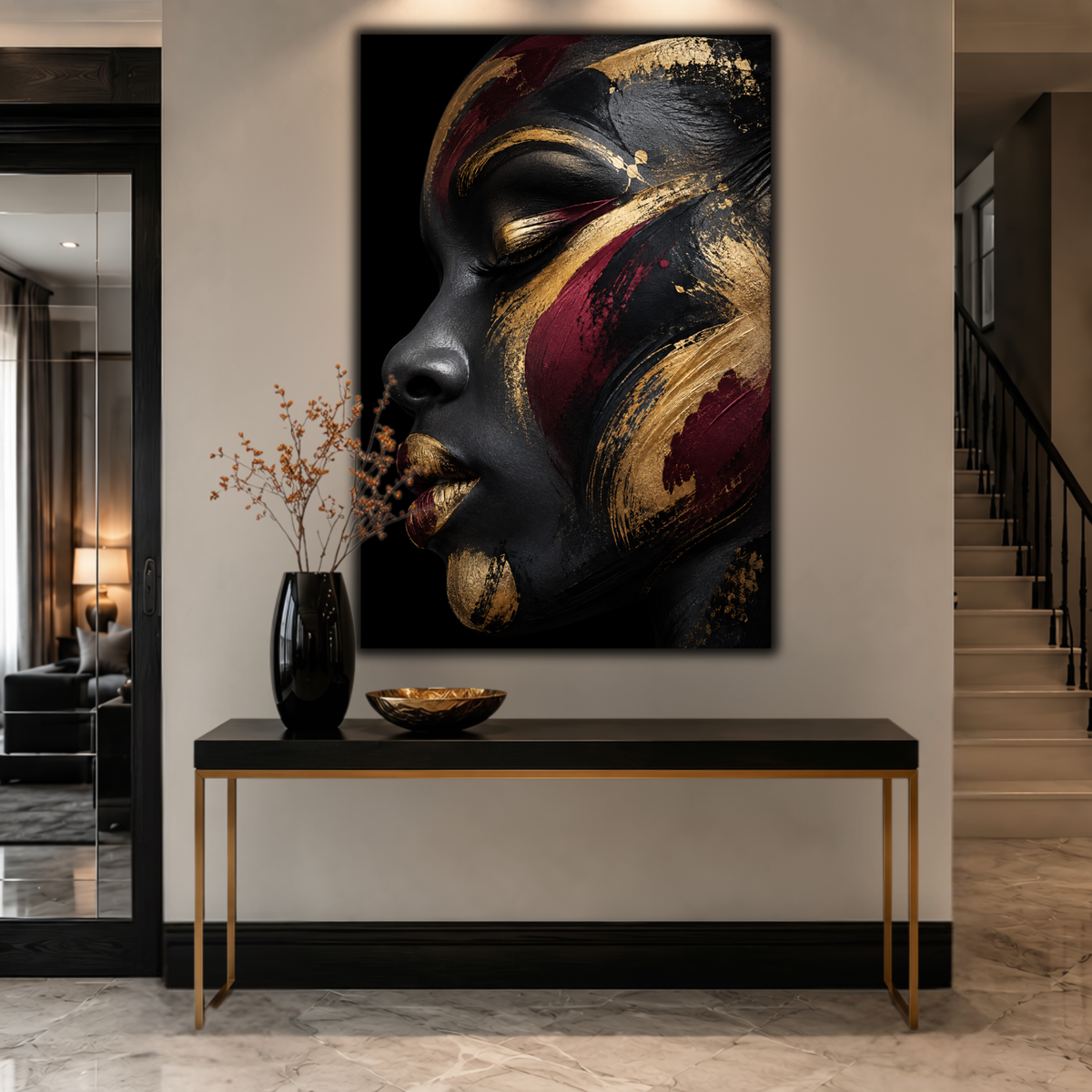 Black Woman Wall Art - Abstract Afrocentric Canvas Print | Black, Gold & Burgundy Home Decor