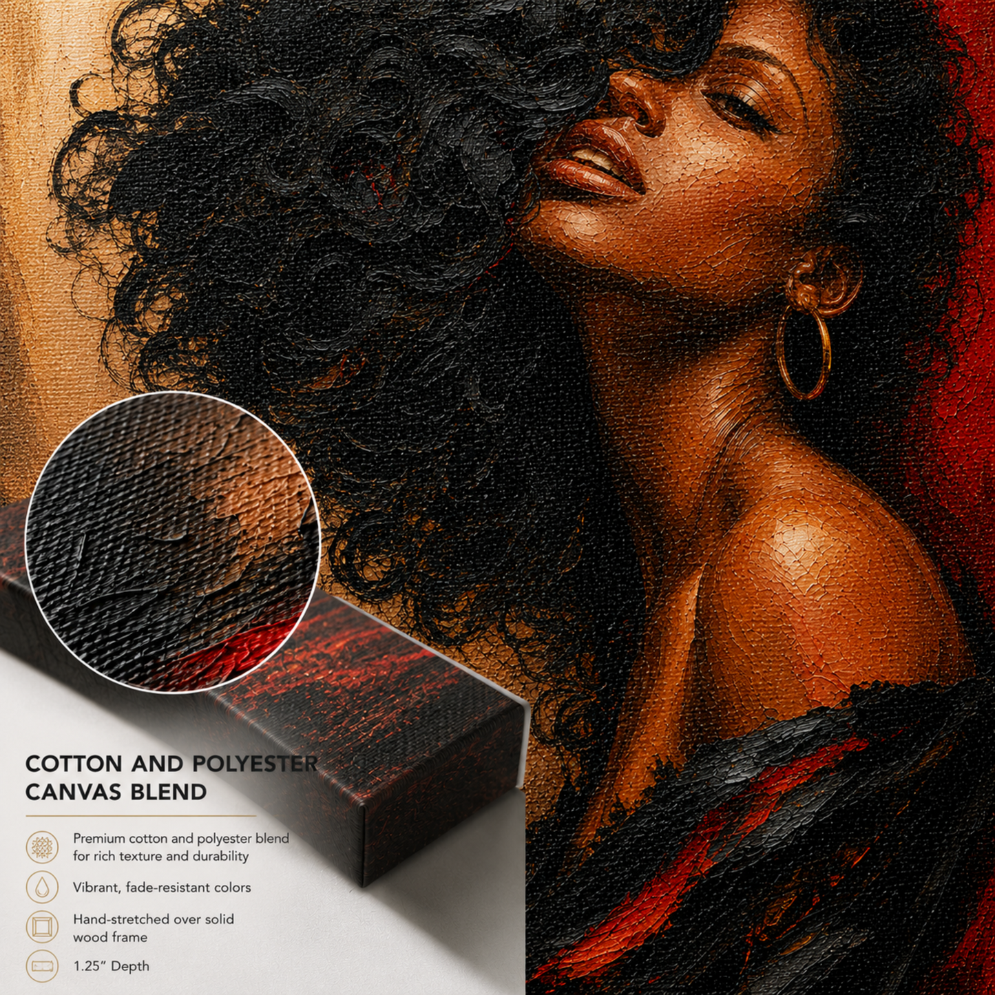 Black Woman Wall Art – Sensual Afrocentric Black, Gold & Red Canvas Print | Luxury Abstract Portrait
