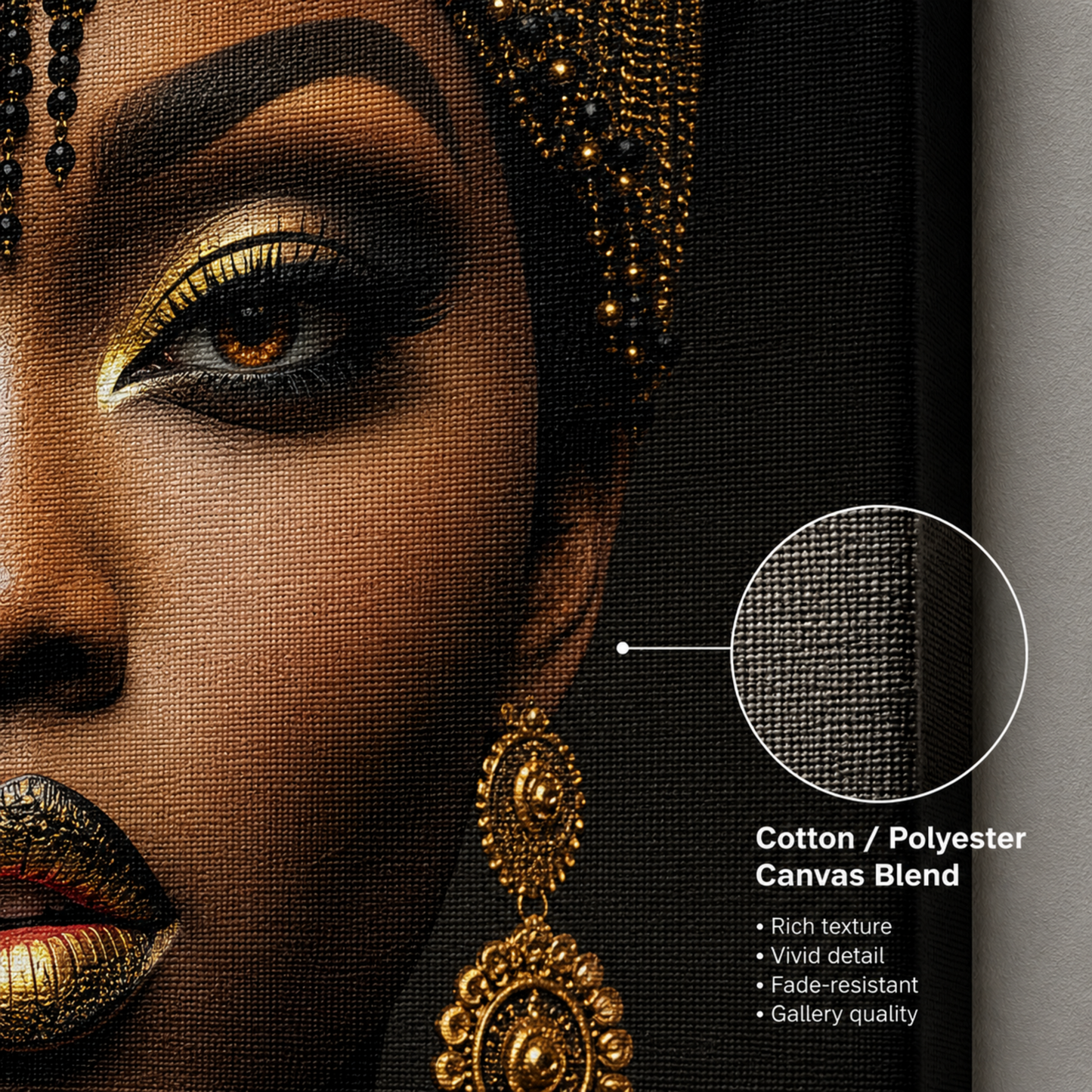 Black Woman Wall Art – African Queen Portrait Black & Gold Canvas Print | Afrocentric Luxury Wall Decor