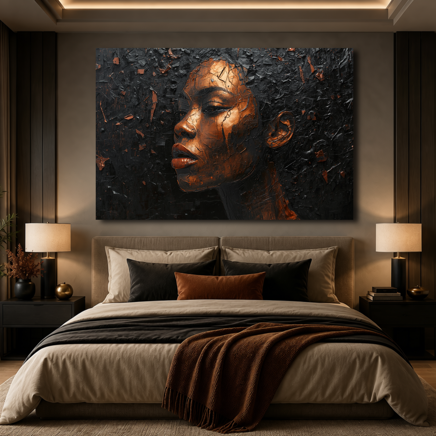 Black Woman Wall Art – Black & Copper Afrocentric Canvas Print | Luxury African American Portrait Wall Decor