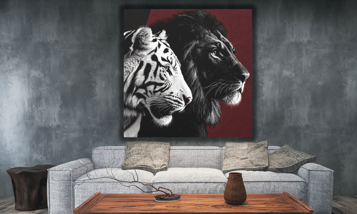 Black and White Lion and Tiger Heads Canvas Art