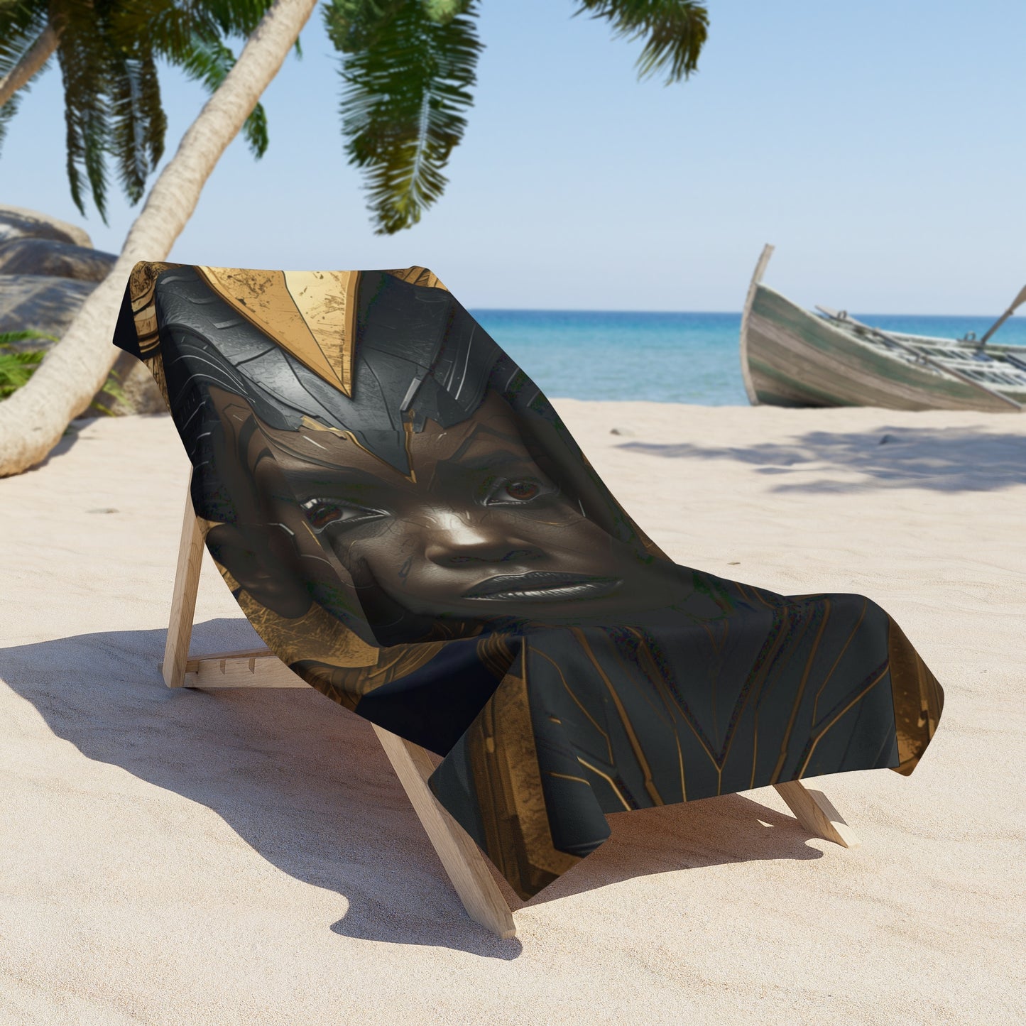 Black Woman Beach Towel / Bold African Warrior Goddess | Premium Black & Gold