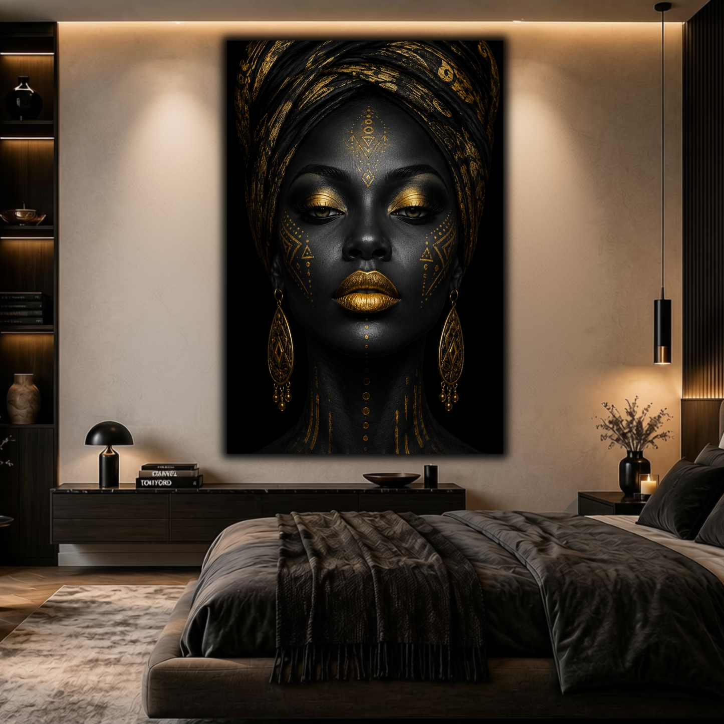 Black Woman Wall Art – Abstract Afrocentric Canvas Print | Black & Gold Wall Decor
