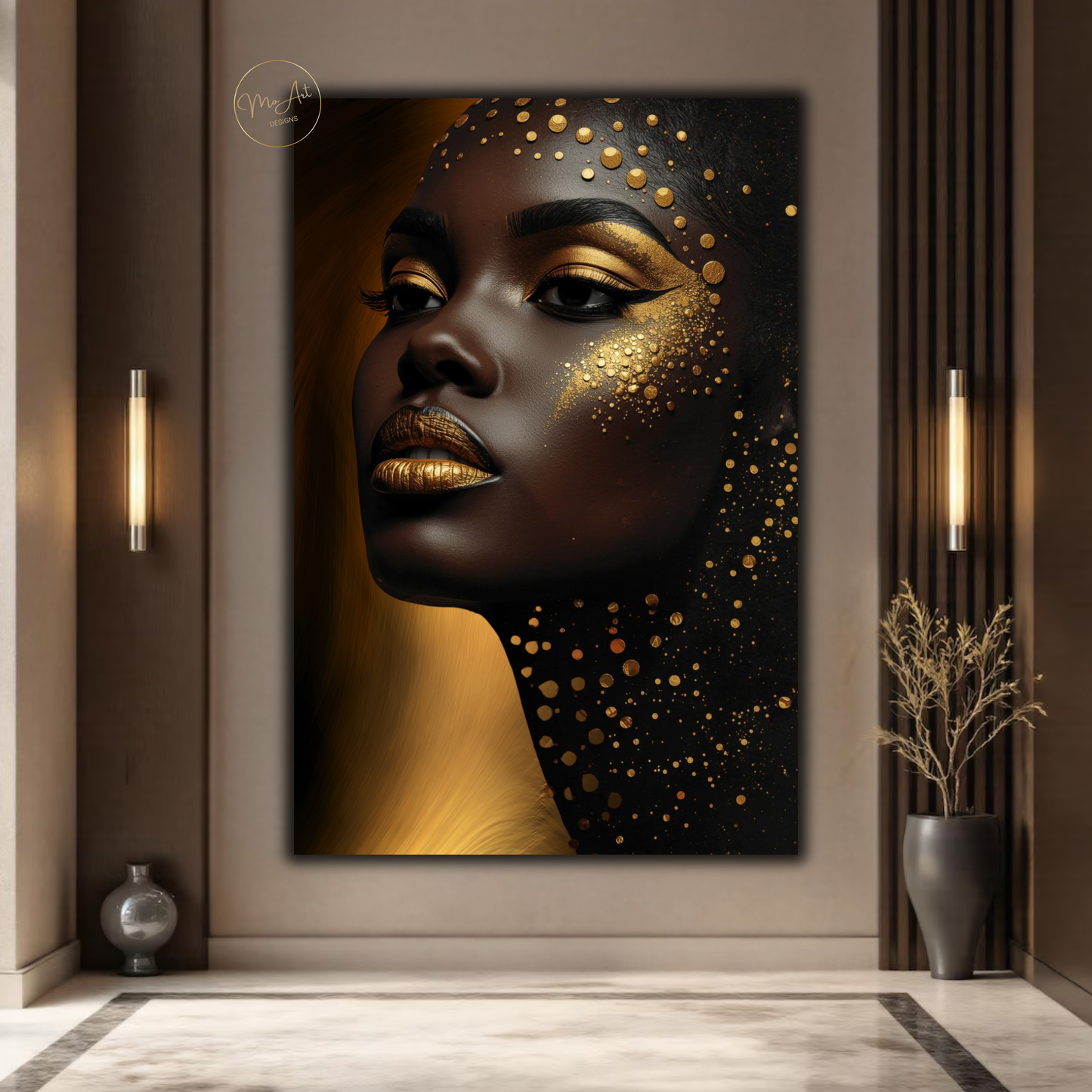 Golden Glow Black Woman Wall Art – Afrocentric Luxury Canvas Print