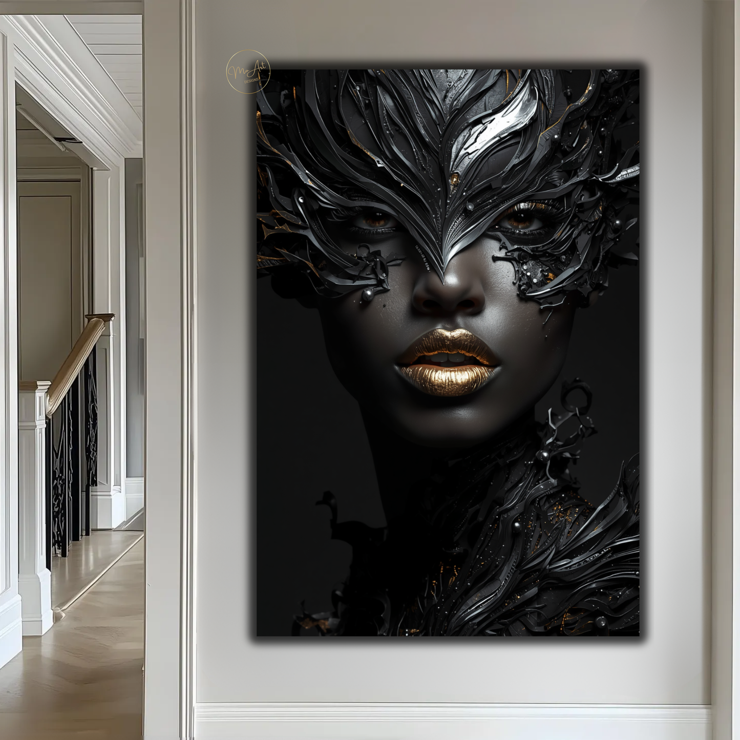 Afrocentric Black Woman Wall Art – Modern Black, Silver & Gold Abstract Canvas Print
