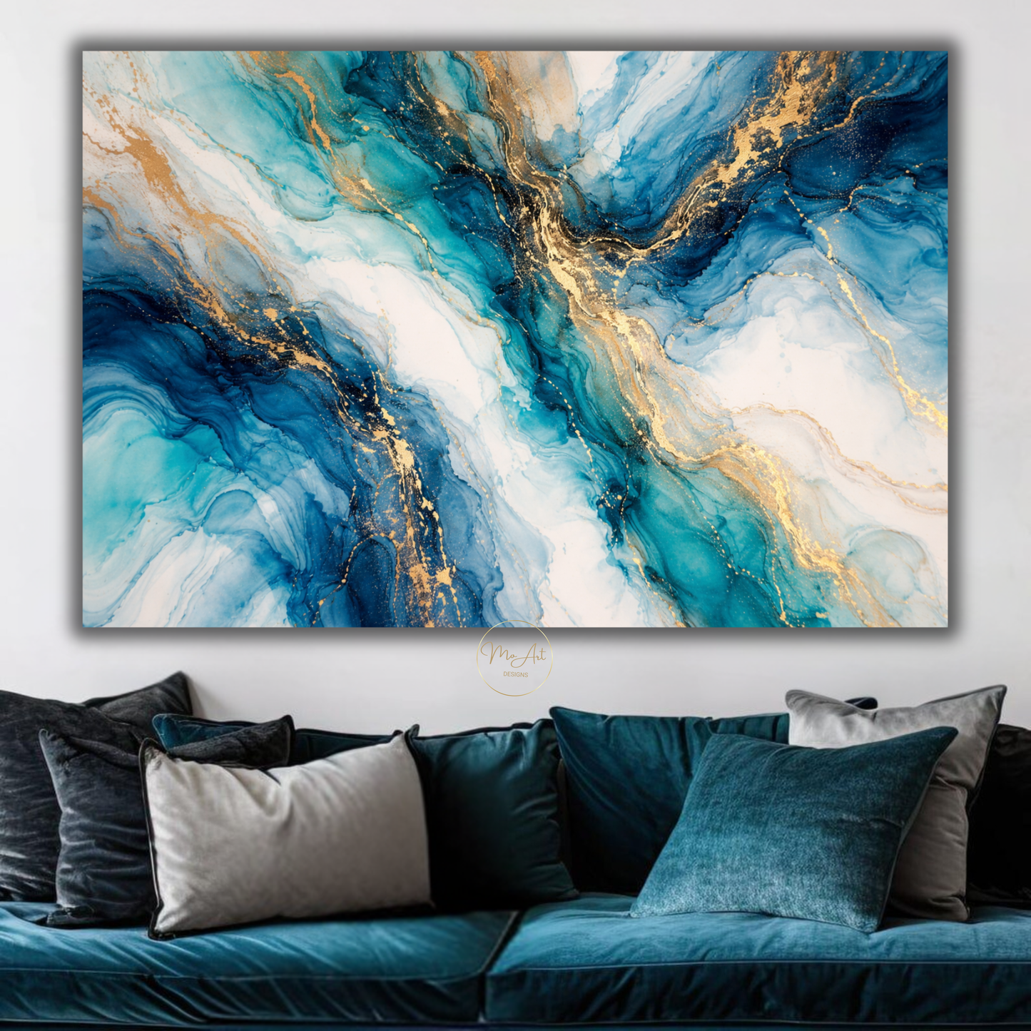 Blue Gold & Turquoise Marble Abstract Wall Art – Luxury Canvas Print