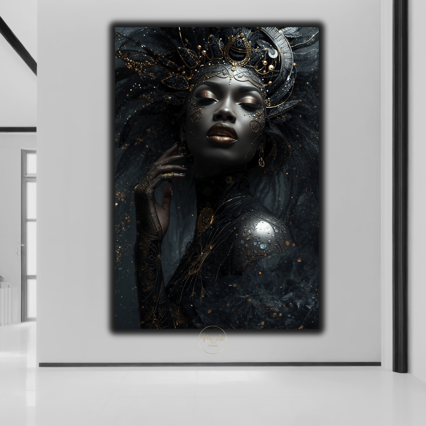 Black Woman Wall Art – Regal Afrocentric Queen | Luxury Black & Gold Canvas Print