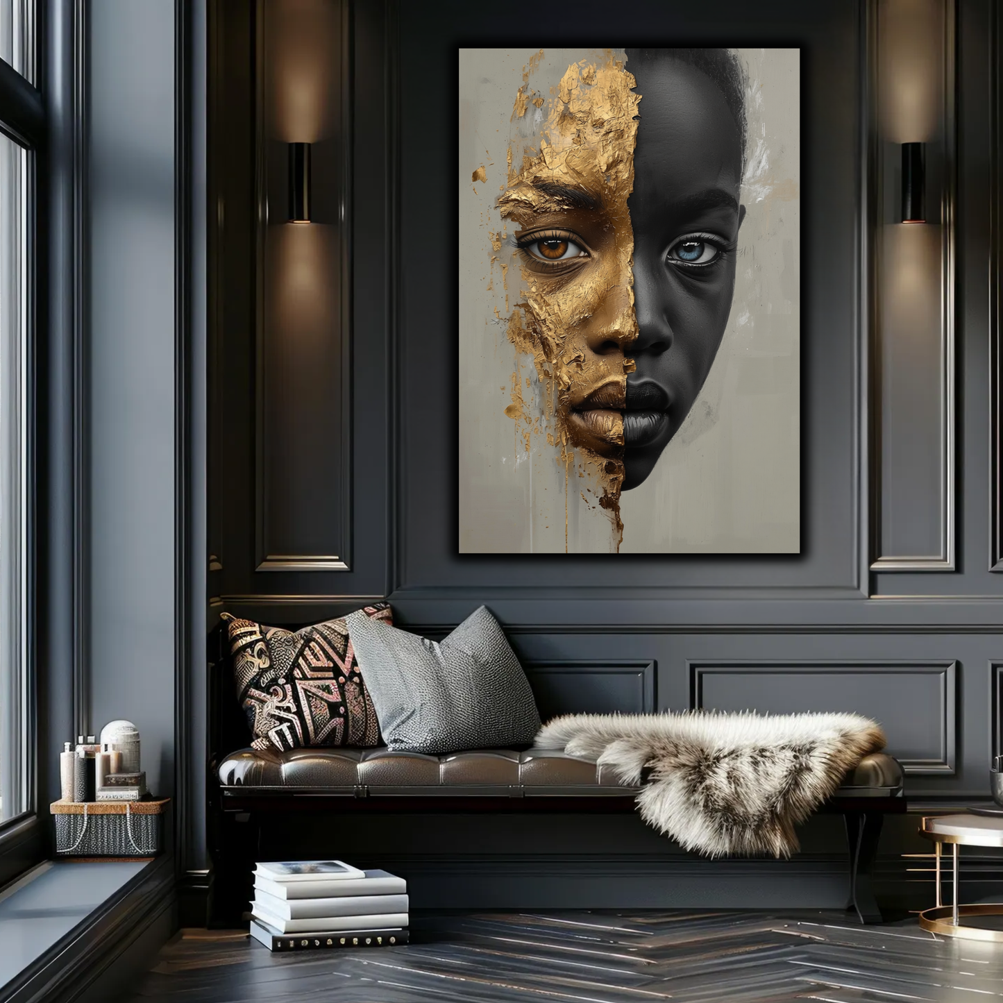 African American Child Wall Art – Black & Gold Abstract Portrait | Afrocentric Luxury Canvas Print