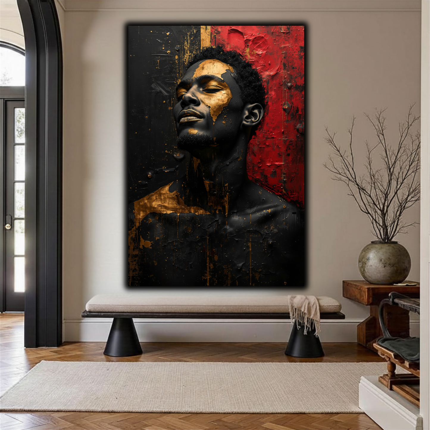 Black Man Wall Art - Afrocentric Abstract Canvas Print in Black, Gold & Red