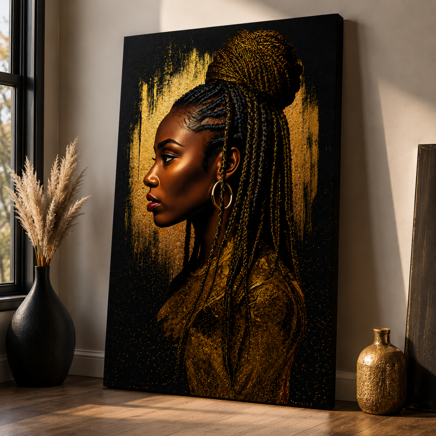 Black Woman Wall Art – Braided Afrocentric Queen in Black & Gold Canvas Print | Luxury African American Decor