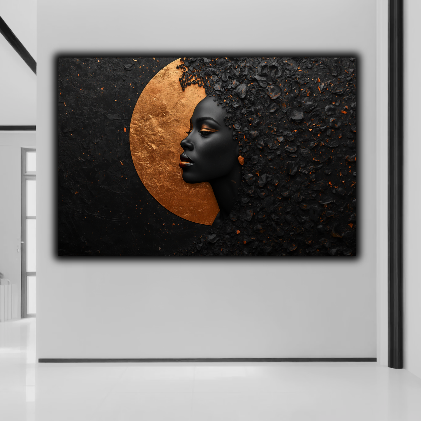 Black Woman Wall Art – Abstract Afrocentric Portrait in Black & Copper | Luxury African American Canvas Print