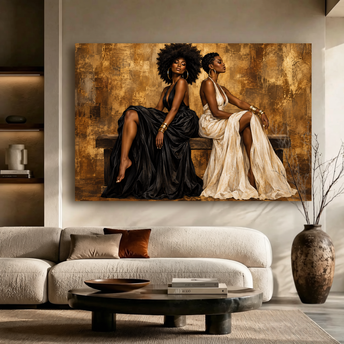 Black Women Wall Art – Essence of Sisterhood | Afrocentric Black & Gold Canvas Print