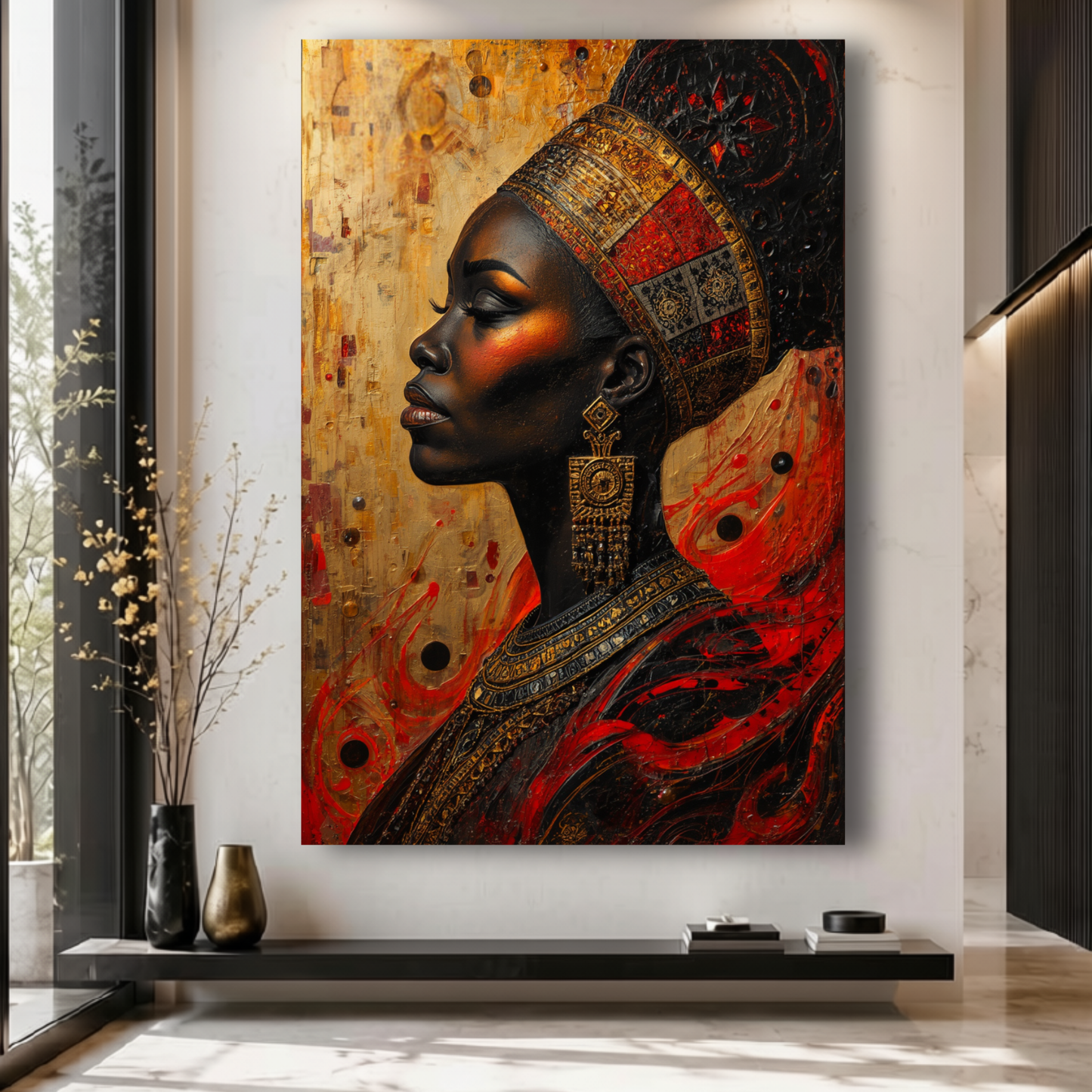 Black Woman Wall Art – Abstract African Queen Canvas Print |  Afrocentric Gold, Red & Black Decor