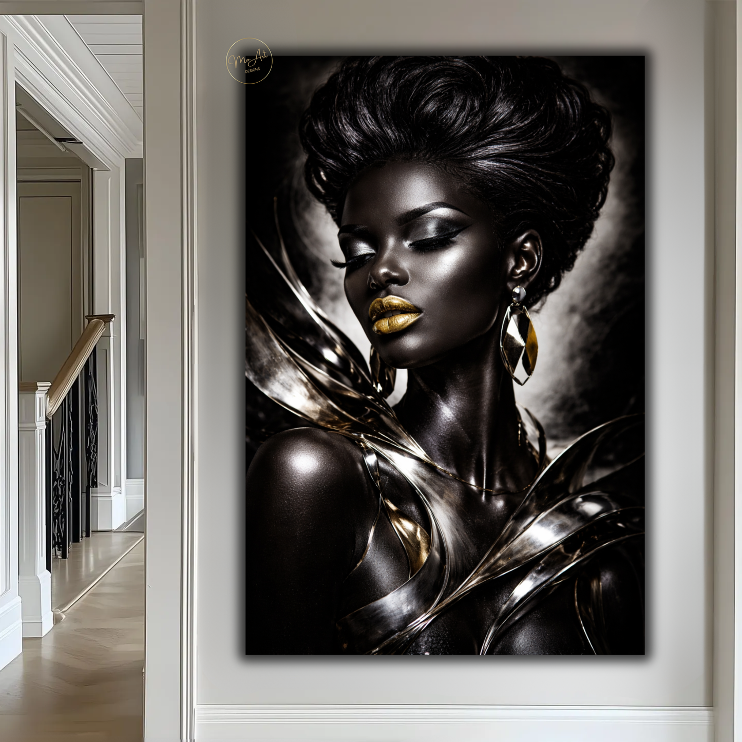 Black Woman Wall Art – Elegant Afrocentric Black & Silver Abstract Canvas Print