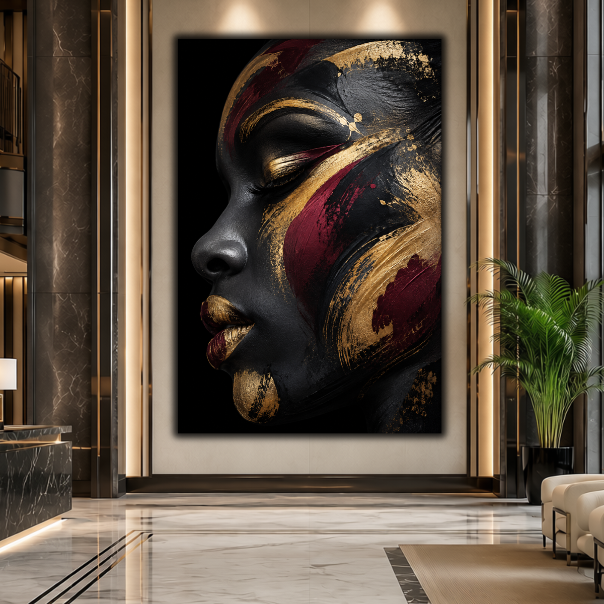 Black Woman Wall Art - Abstract Afrocentric Canvas Print | Black, Gold & Burgundy Home Decor