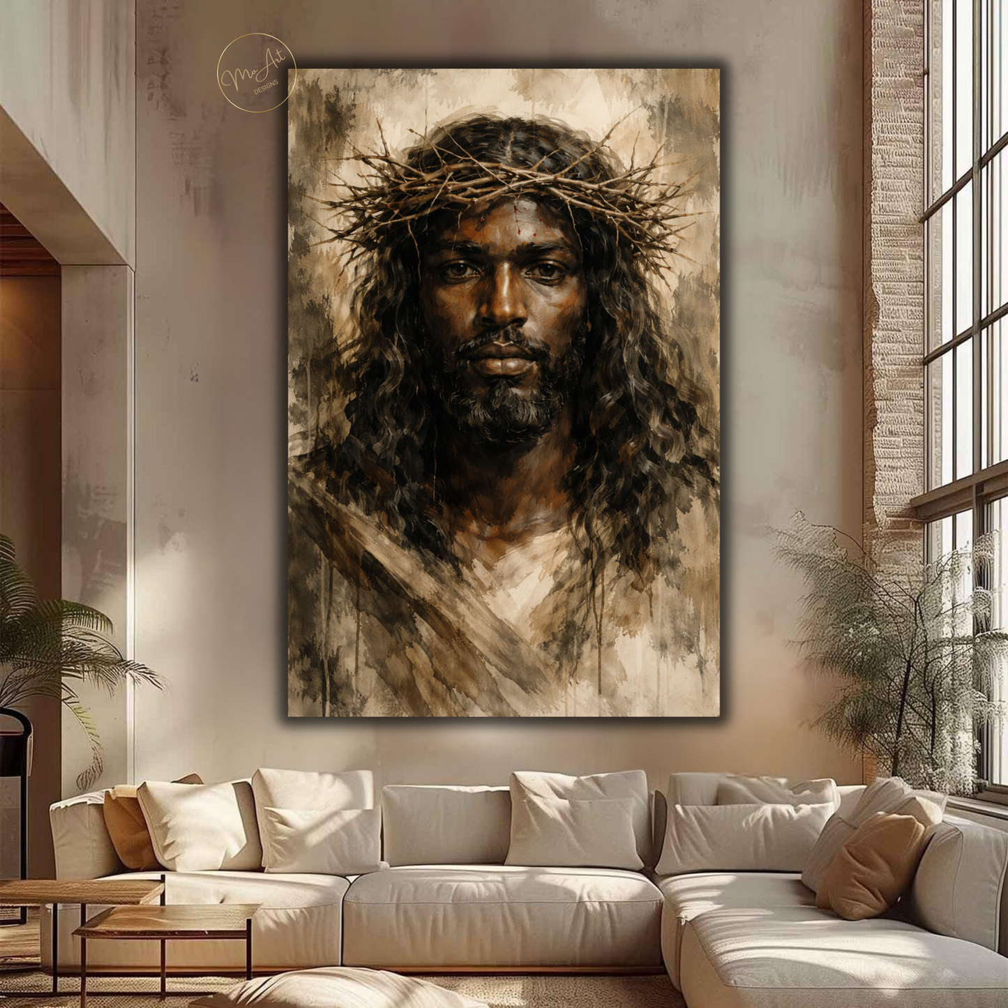 Black Jesus Wall Art – Neutral Abstract Christ Portrait with Crown of Thorns Canvas Print