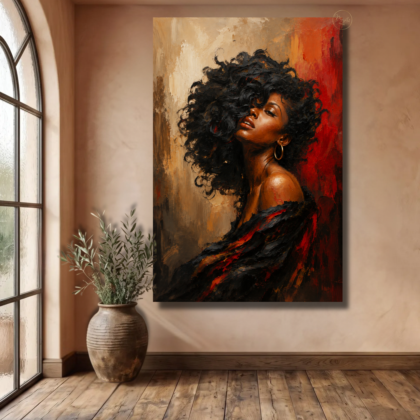 Black Woman Wall Art – Sensual Afrocentric Black, Gold & Red Canvas Print | Luxury Abstract Portrait