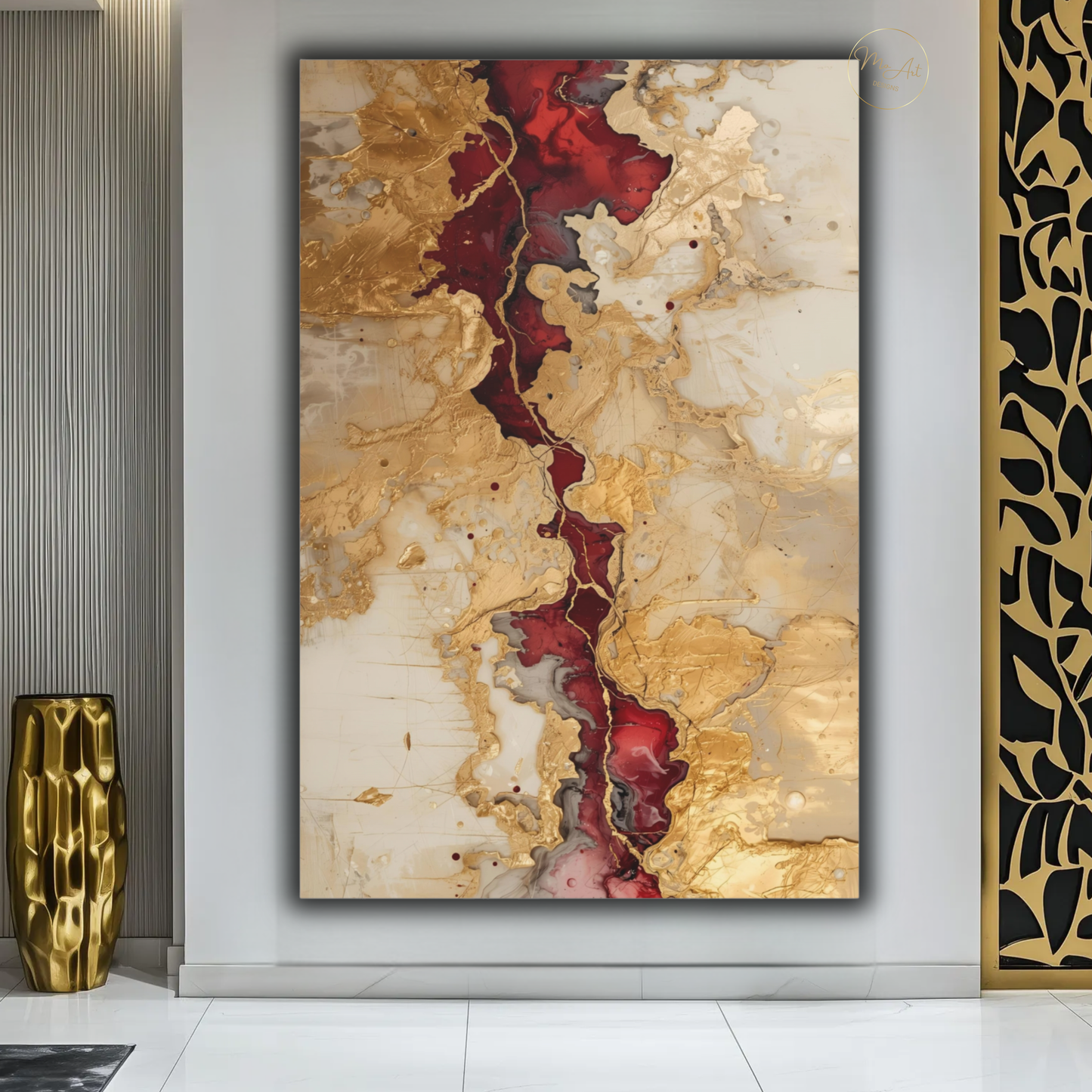 Crimson Rift – Abstract Gold Burgundy & Cream Wall Art - Vertical Canvas Print