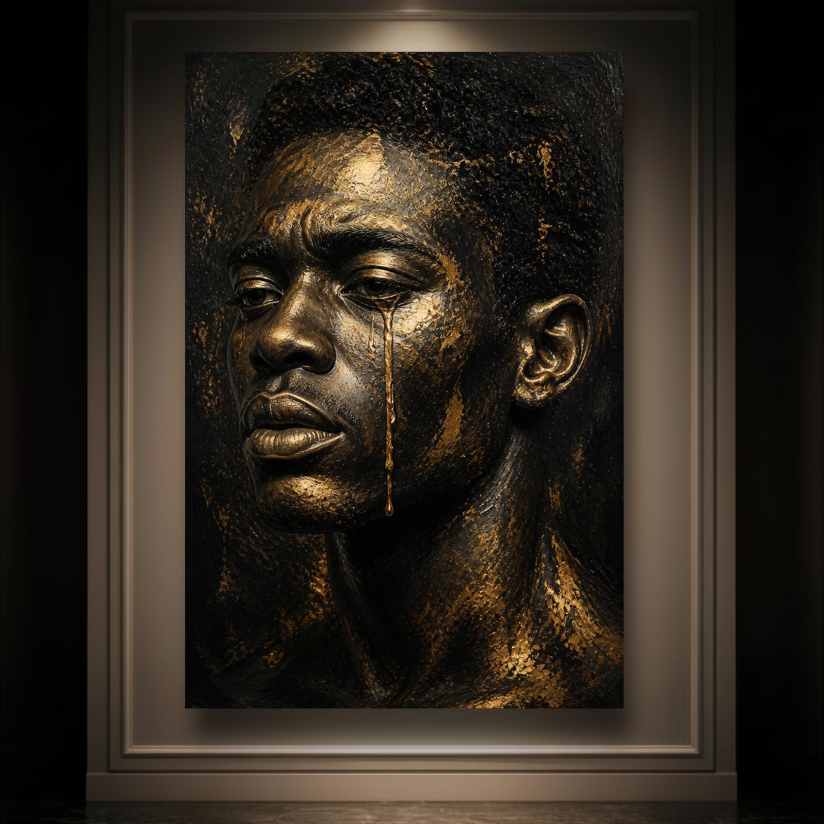 Black Man Wall Art – Golden Tears | Emotional Black & Gold Canvas Print