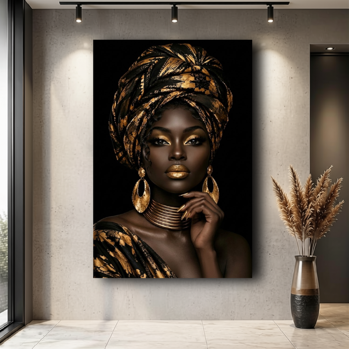 Black Woman Wall Art – Regal Essence | Black & Gold Afrocentric Canvas Print